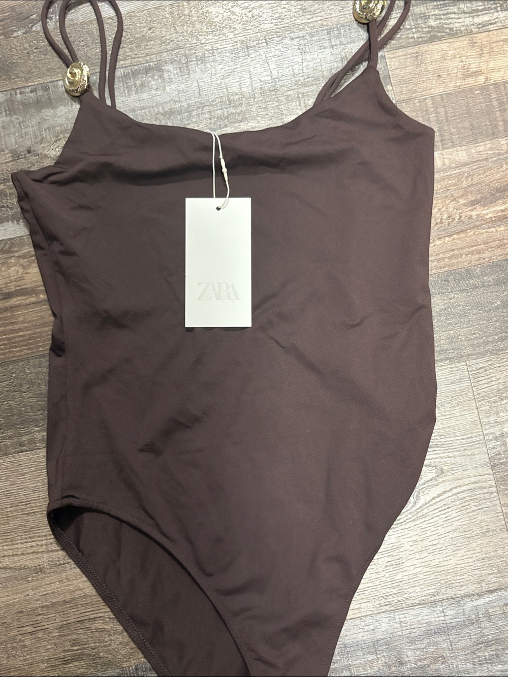Zara Chocolate Brown One-Piece Swimsuit with Gold Accents